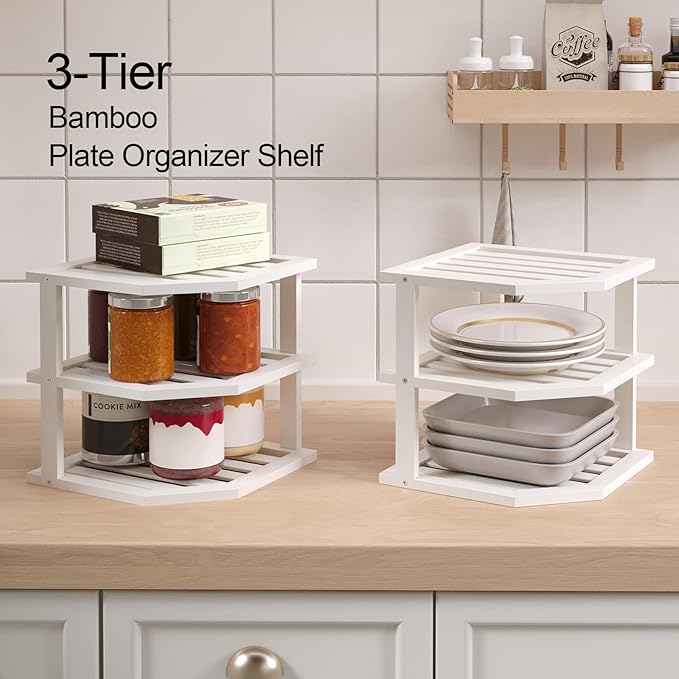 VERTORGAN 3 Tier Bamboo Corner Shelf(4 Pack),Dish Drying Rack,Plate Organizer,Kitchen Spice Rack for Countertop and Cabinet(White)