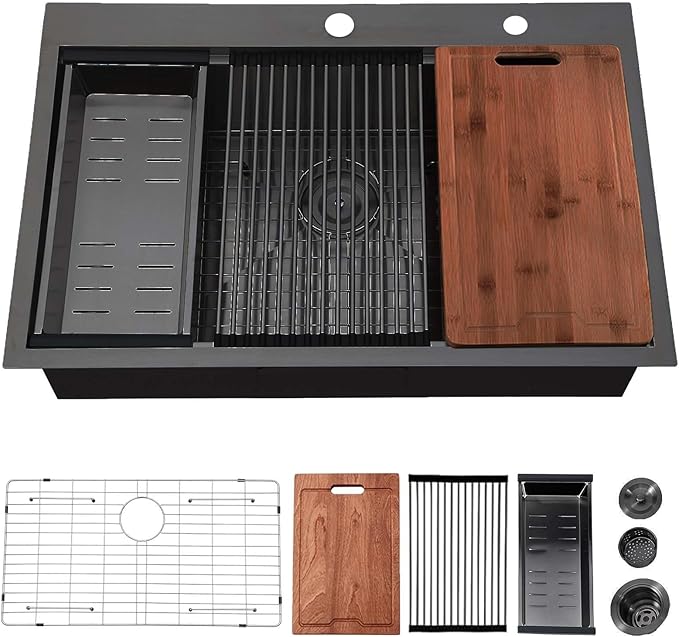 33 Inch Black Kitchen Sink Drop in - 33"x22" Topmount Ledge Workstation Sink 9 Inch Deep 16 Gauge Stainless Steel Single Bowl Sink with Accessories