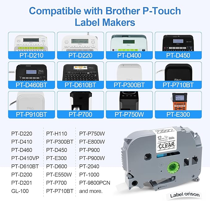 Label Orison TZe-131 Tze Tapes Compatible with Brother P-Touch Label Tape Clear, for Brother Label Maker Tape T-D210 PT-H100 PT-1880, Black on Clear, 1/2''(12mm) x 26.2'(8m), 5PK