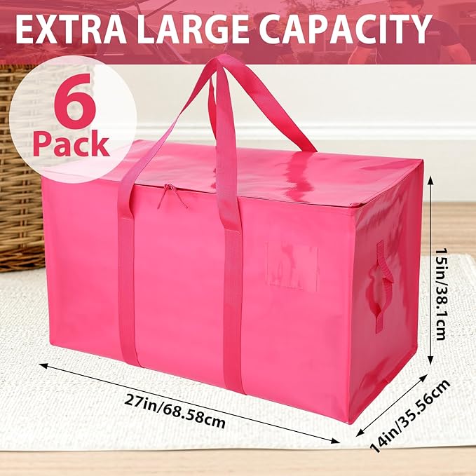 6 Pack Moving Bags Heavy Duty, Extra Large Moving Bags, Moving Supplies, Storage Bags with Handles and Zippers, Waterproof Totes for Storage Space Saving Packaging Shipping and Travel(Pink)