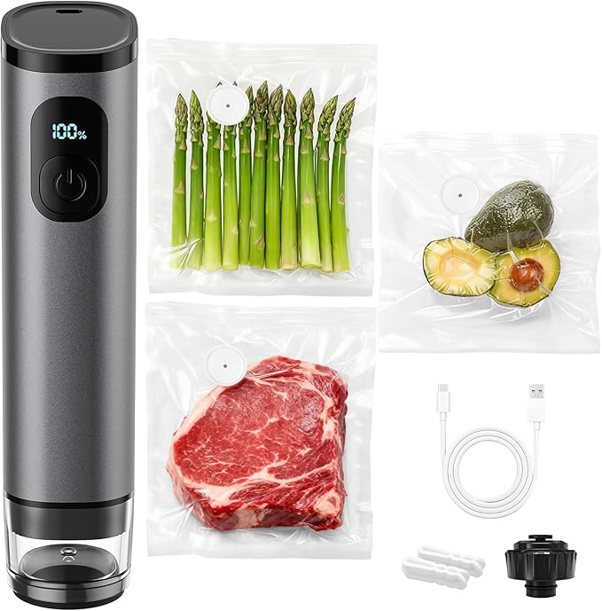 Premium Metal Handheld Vacuum Sealer, Vacuum Sealer for Food with Power Display & Detachable Tank, 60kPa Strong Suction, Includes 30 Reusable Bags & Wine Stopper for Food Preservation- Gray