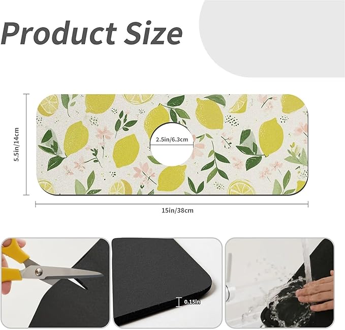 Kitchen Sink Splash Guard，Cartoon Lemon Faucet Mat Sink Gadgets-Super Absorbent Fast Drying Mat Drip Catcher for Kitchen, Bathroom,Sink Mat, Dish Drying Mat, Bathroom(15" X 5.5" )