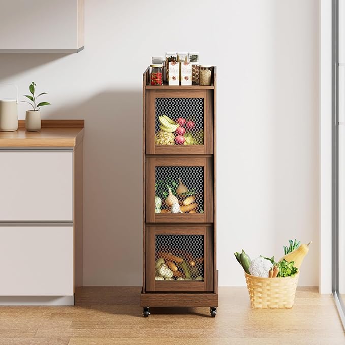 4 Tier Narrow Potato Storage Bin, Tall Wood Potato and Onion Storage Bin with Wheel, Movable Fruit and Vegetable Basket, Food Small Kitchen Pantry Cabinet, Wooden Bread Box, Walnut, Sliding Door