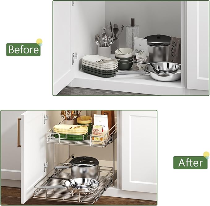 MODCART 2 Tier Individual Pull Out Cabinet Organizer 19½" W x 21½" D, Heavy Duty Cabinet Pull Out Shelves, Slide Out Drawers Organization for Kitchen Cabinets Bathroom