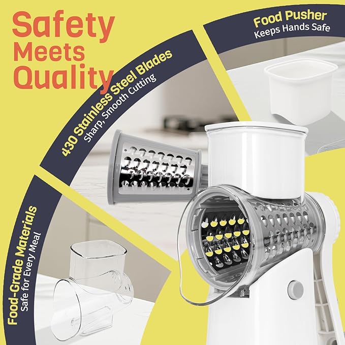 Nexsujo 5-in-1 Rotary Cheese Grater Hand Crank, Vegetable Slicer Shredder with 5 Interchangeable Blades, Graters for Kitchen, Safe Kitchen Tool for Cheese, Nuts, Chocolate, White