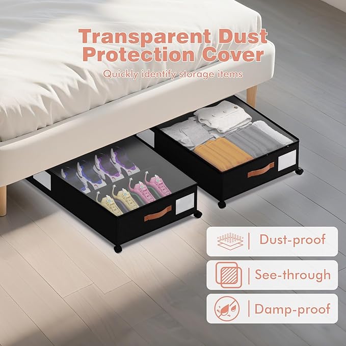 Under Bed Storage with Wheels - Rolling Underbed Containers with PVC Clear Lid & Dividers, 600D Oxford Fabric, PU Leather Handles, Adjustable Magic Tape Partition, XXL 66L,2 Pack (Black)