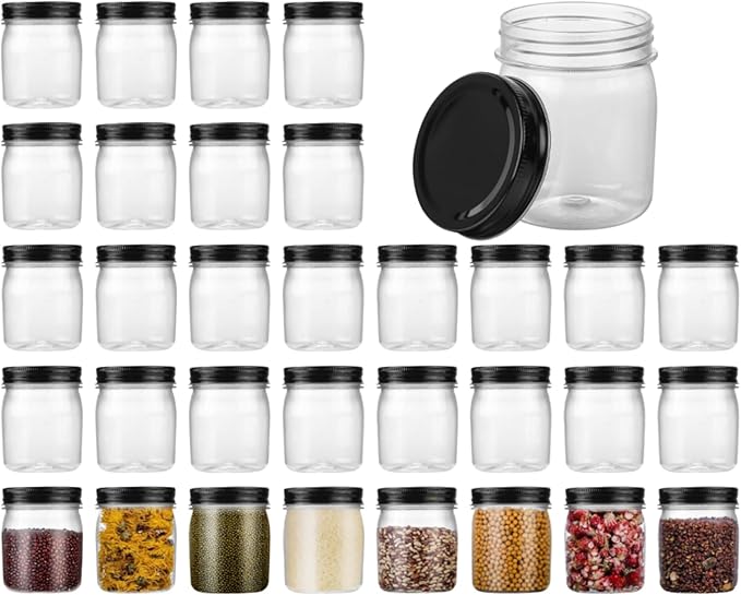 Plastic Mason Jars Reusable Storage Containers with Silver Airtight Lid 8 Ounce Clear Jars for Dry Foods, Coffee,BPA Free (32 Pack-Black)