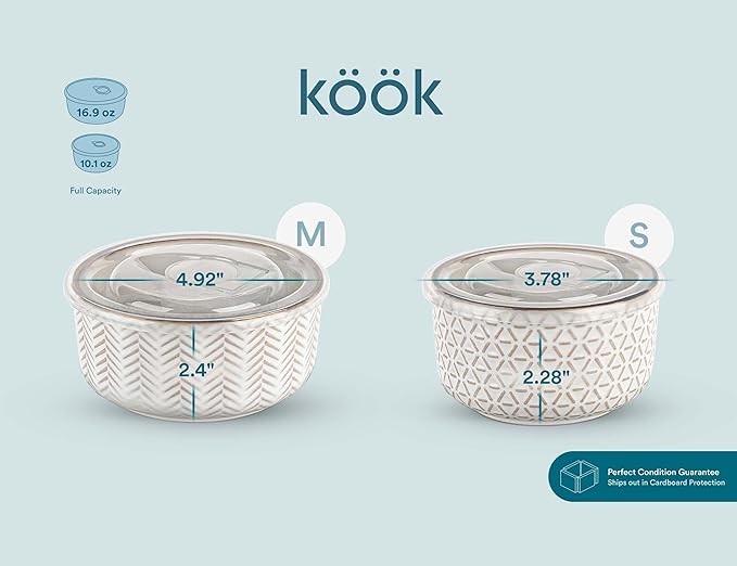 KooK Serving Bowls, with Lids, Ceramic Mixing Bowls, Nesting, Set of 4, Embossed, Kitchen, Prep, Stackable, Mix, Gift, Microwave and Dishwasher Safe, 10/16/29/47 oz, Narbonne Collection (Ivory)