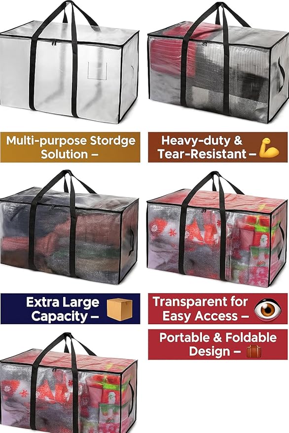 Heavy Duty Clear Tote Bag for Storage & Organization – Extra Large, Durable Zippered Storage Bin with Reinforced Handles – for Home, Travel & Garage Use (X-Large, 6.0, Count)