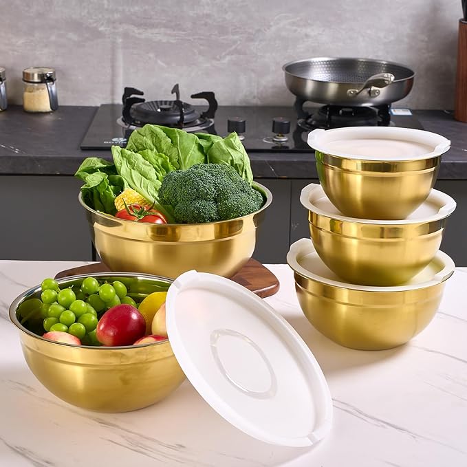 Moxinox Gold Mixing Bowls with Airtight Lids, Stainless Steel Nesting Mixing Bowls Set of 5, Ideal for Baking, Prepping and Serving Food, Size 5.5, 3.6, 2.7, 2.1, 1.5, QT, Stackable Design