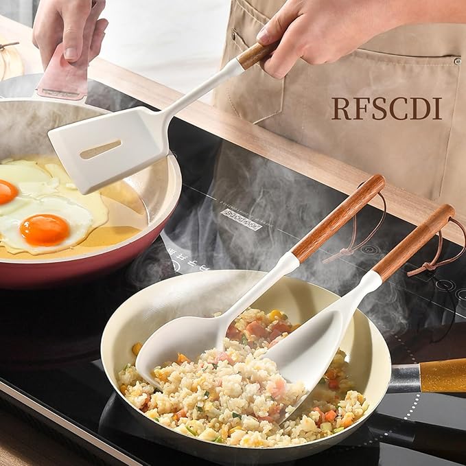 RFSCDI White Silicone Cooking Utensils Set, Kitchen Utensils Set 7 Pcs for cooking, Non-Toxic Spatula Set with Heat Resistant Wood Handles for Nonstick Cookware, (Cream White)