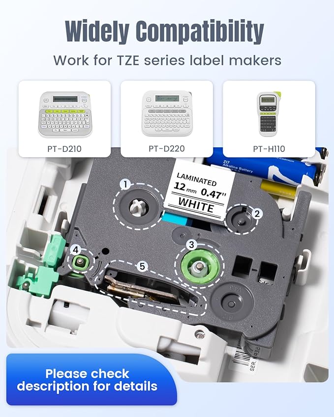 Replace for PT-D210 PT-D220 PT-D200 PT-H100 Label Tape Compatible with Brother Label Maker Tape 12mm 0.47 Inch Laminated White Ptouch TZe-231 TZe231 P Touch TZ Refills, 1/2 Inch * 8m, 4-Cartridges