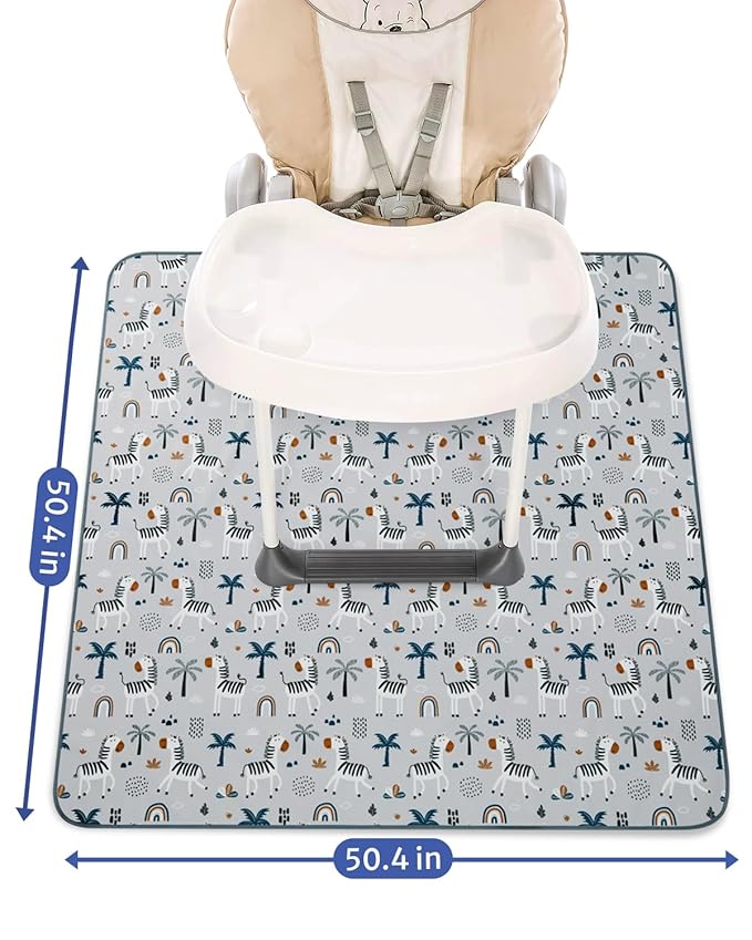 Blissful Diary Baby Splat Mat for Under High Chair, 50.4 x 50.4 Inch Wipeable Splash Mat, Waterproof and Washable, Anti-Slip Floor Protector, Gray Zebra