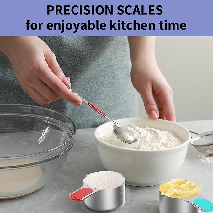 Minteem Magnetic Measuring Cups and Spoons Set, 5 Stainless Steel Measuring Cups for Dry and Liquid Ingredients, 7 Magnetic Measuring Spoons, 3 Plastic Measuring Cup with 1 Measuring Conversion Chart