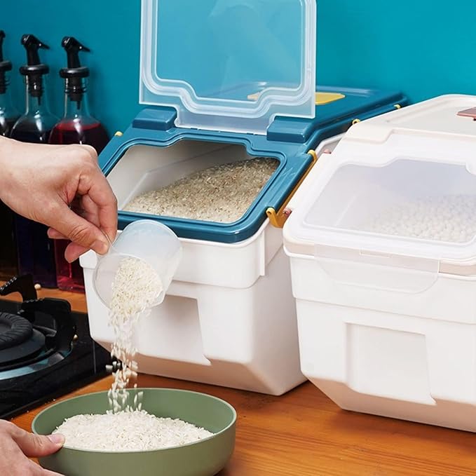 Airtight Rice Container Set 25 lbs, 4 Packs Flour Storage Containers with Wheels Seal Locking Lid, Food Storage Containers BPA Free with Measuring Cup & Scoop for Grain, Rice, Flour (Dark Blue)