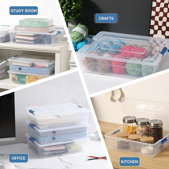 novelinks Clear Stackable Storage Bins with lid Storage Boxes Durable Plastic Organizer Containers for Home Office, Kitchen, Craft Supplies (10 Quart 4 Pack Blue)