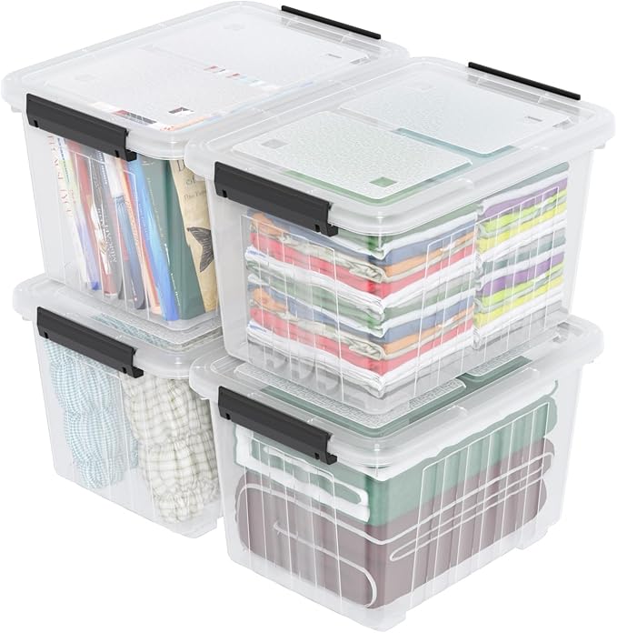 42 L 4 Packs Plastic Storage Box with Latching Lid and Wheels, Clear Storage Container Bins