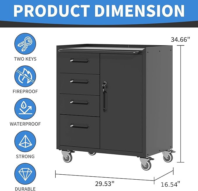 BIZOEIRON Metal Storage Cabinet with Wheels, Garage Storage Cabinet with 1 Door and 4 Drawer, Rolling Tool Cabinet, Assembly Required, Black
