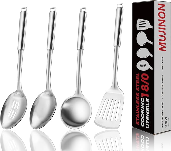MUJINON 18/0 Stainless Steel Kitchen Cooking Utensil Set, Ergonomic Handle, Dishwasher Safe, Slotted Spoon, Ladle, Turner, Serving Spoon for Housewarming Daily Use Commercial, Pack of 4