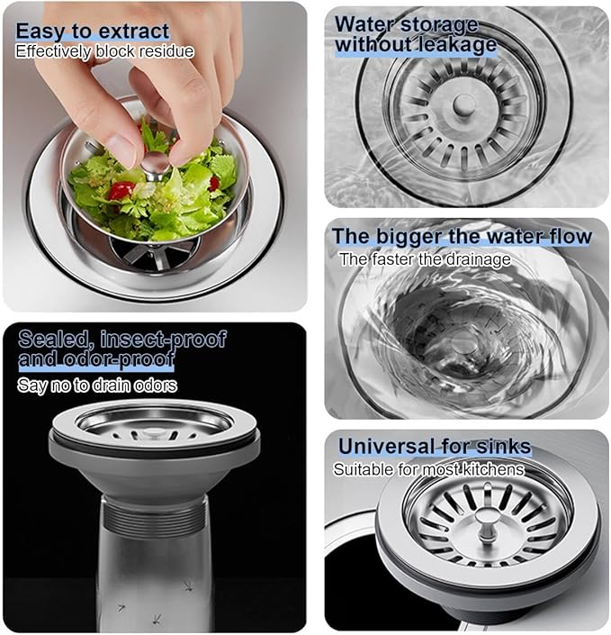 2 Pcs Kitchen Sink Filter and Plug Combination Basket, 304 Stainless Steel Drain Filter Basket with Handle