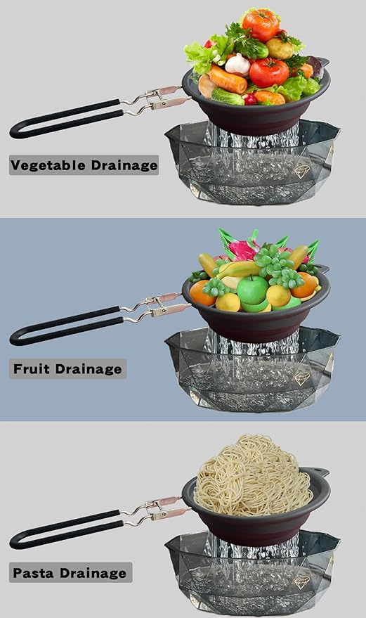 Silicone Collapsible Colander with Handle,Home/RV Kitchen Space Saving Silicone Colander,Drainage of Food,Vegetables,Fruits (Black)