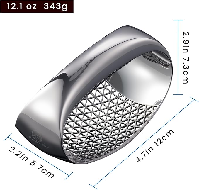 Garlic Press Rocker Stainless Steel with Eject Base + Scraper Spoon, Innovative 3D Cutting, Easy Crush & Clean Garlic Mincer, Premium Garlic Peeler Tool with Non-Slip Ergonomic Grip, 5 Year Warranty