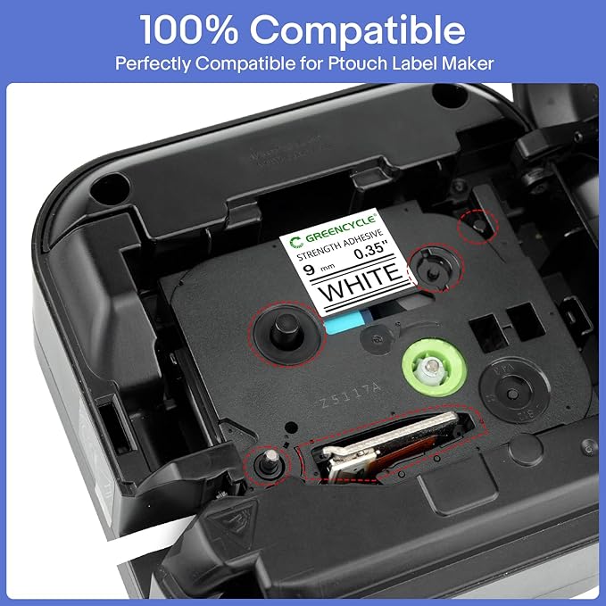 GREENCYCLE Extra Strength Adhesive Black on White Label Tape Compatible for TZE-S211 TZS211 AZES211 1/4" 6mm for PT-E550W PT2430PC 1890C PT-D210 PTP300BT PT-1010 PTH100 PTH110 D200-6 Pack