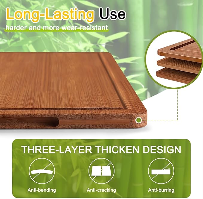 Homaxy Bamboo Cutting Board for Kitchen Set of 3, Wooden Cutting Boards with Non-Slip Mat Deep Juice Groove and Built-In Handles, Wood Chopping Board Set for Meat Fruits & Vegetables