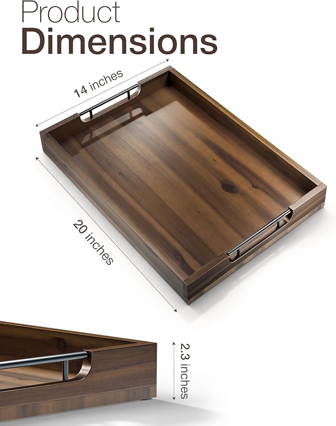 TIDITA 20 Inch Acacia Wood Ottoman Tray for Living Room - Coffee Table Trays, Serving Tray with Handles for Ottoman Table, Decorative Trays for Home Decor, Charcuterie Boards (Walnut Color)