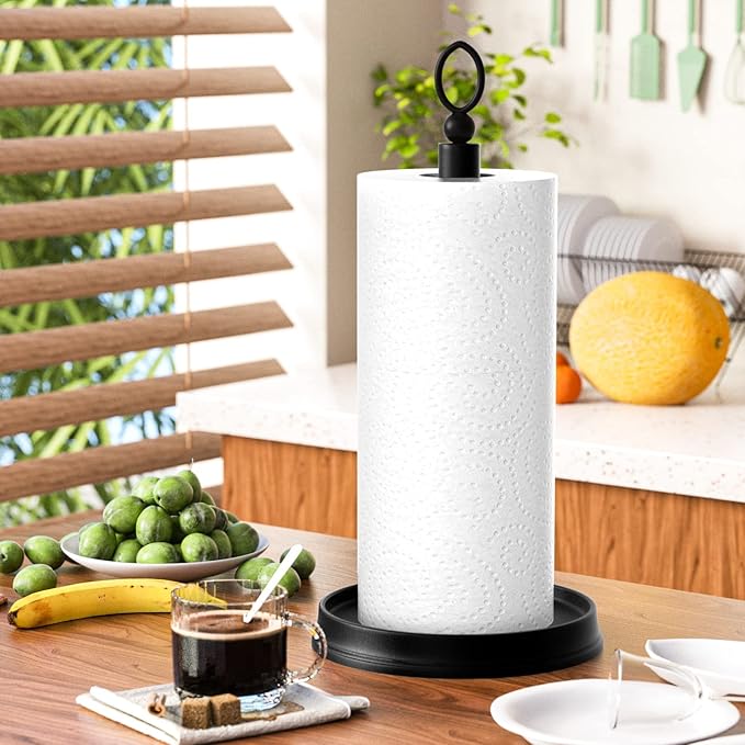 Kasunto Standing Paper Towel Holder, Non-Slip Paper Towel Roll Holder for Bathroom, Stainless Steel Kitchen Paper Towel Stand Countertop (Matte Black, 2 Pack)