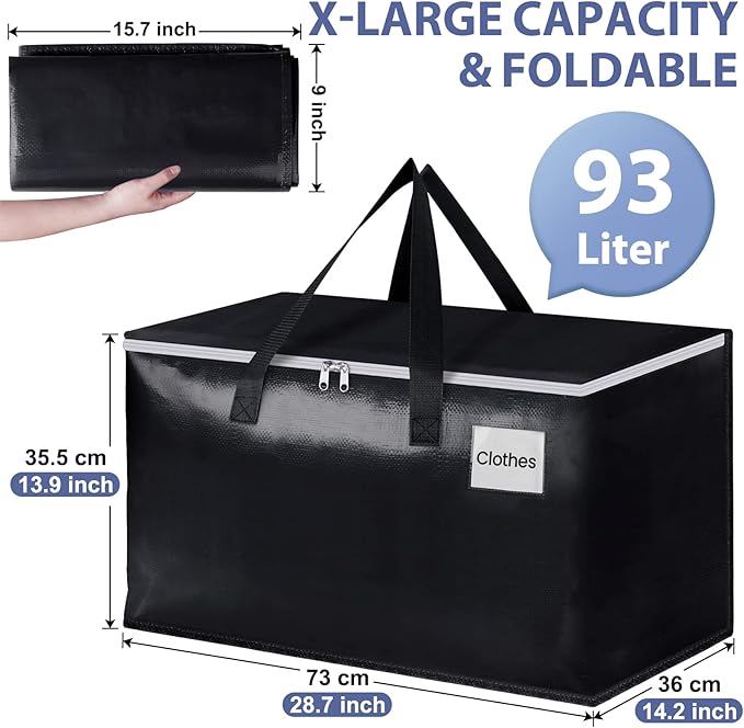 StorageRight Heavy Duty Moving Boxes-Moving Bags with Zipper, Reinforced Handles and Tag Pocket-Collapsible Moving Supplies-Totes for Storage Great for moving, Storage and Travel 93L(Black-4 Pack)