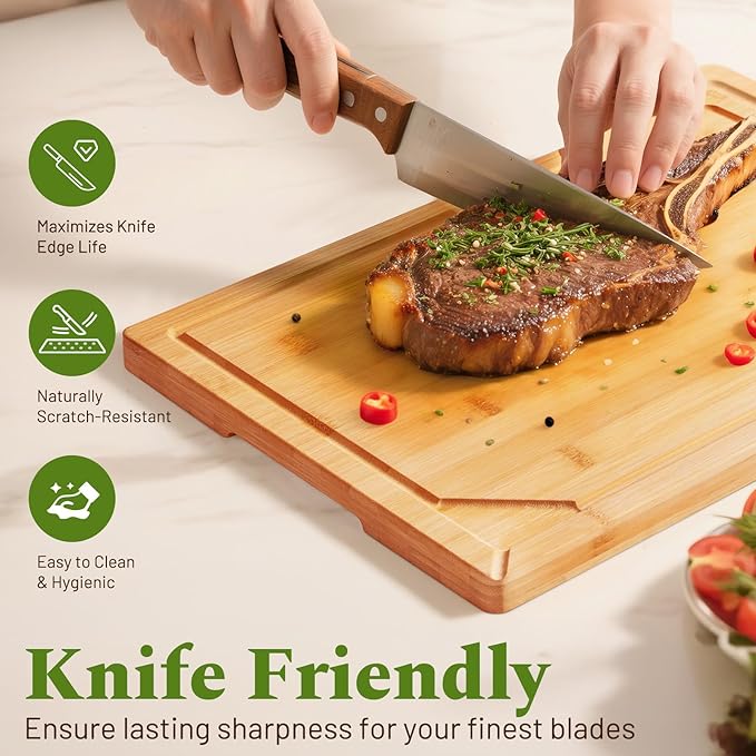 Kikcoin Bamboo Cutting Boards for Kitchen, 3 Piece Wood Cutting Board Set with Stand and Non-slip Feet, Knife Friendly Chopping Board with Juice Grooves, Serving Tray with Built-in Handles