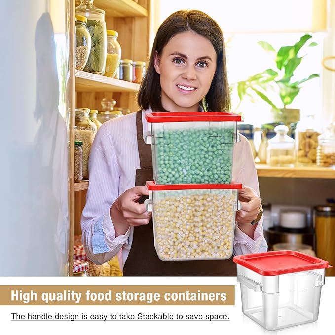 Suclain 2 Pcs Square Food Storage Container Polycarbonate Clear Food Container with Red Lid Commercial Rice Storage with Red Graduations for Commercial Kitchen (6 Qt)