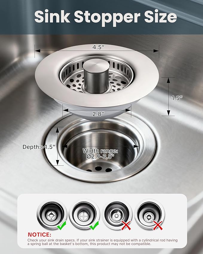 ARCORA Kitchen Sink Drain Strainer: Stainless Steel 3 in 1 Sink Stopper with Anti-Clogging Basket, Kitchen Strainer with Brass Bounce Core for Standard 3-1/2 Inch Drain, Brushed Nickel