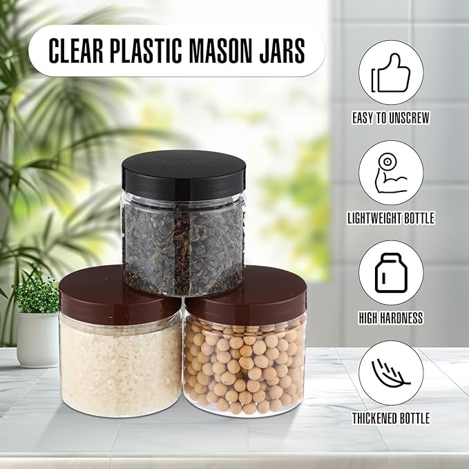 Mifoci 50 Pcs 5.4 oz Clear Plastic Jars Containers Wide Mouth Food Storage Jar for Kitchen Dry Food Butter Honey Cosmetics Cream, Black and Brown(2.56''l x 2.36''h)