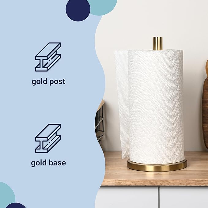 happimess PRH2000G Avery Modern Classic Metal with Non Slip Weighted Base Paper Towel Holder, for Bathroom Kitchen Countertop, Standard or Jumbo-Sized Roll Paper, Gold