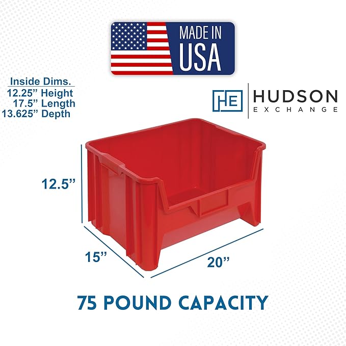 Hudson Exchange 20" x 15" x 12.5" (3 Pack) Plastic Giant Stackable Hopper Bin Container, Red