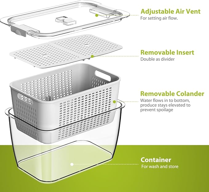 LUXEAR 4 Pack Fruit Vegetable Containers for Fridge, Produce Saver Container with Lids &Removable Colander BPA-free Refrigerator Storage Organizer for Fruit Vegetable, Berry, Meat keep Fresh Longer