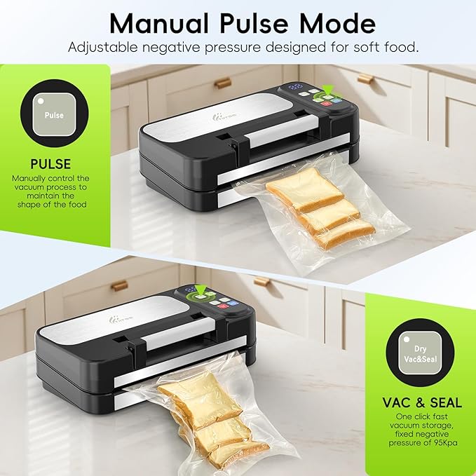 95kpa Vacuum Sealer for Food, 125W Commercial Food Saver Vacuum Sealer Machine, 10-in-1 Compact Meat Vacuum Packing Machine with Bags Storage, Built-in Cutter, Easy-Lock Handle, Stainless Steel