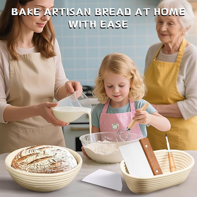 Dimpola Banneton Bread Proofing Basket Banneton Basket Set Sourdough Proofing Basket Round Proofing Bowls Handmade Rattan Baskets and Liners (Oval of 2 Gift Set)