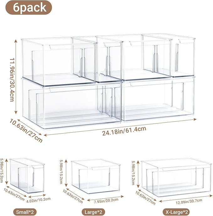 Clear Plastic Storage Bins with Dividers for Kitchen Pantry Organization, 6 Pack Large Thicken Stackable Storage Container Boxes for Refrigerator Cabinets Vanity Organizers and Storage, C6-4