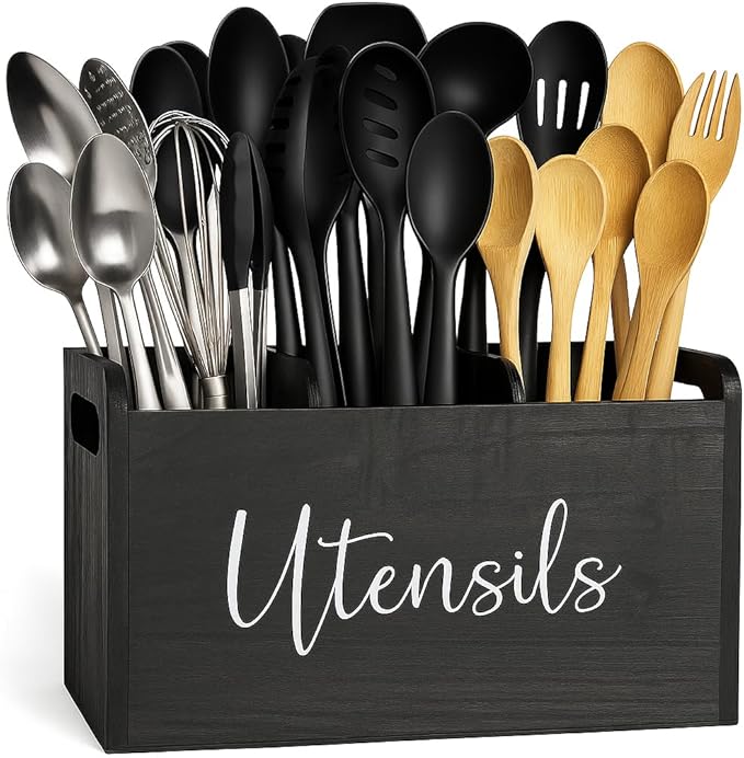 Black Kitchen Utensil Holder for Countertop – Large 3-Compartment Wooden Organizer & Caddy with Drain Holes, Farmhouse Kitchen Counter Utensil Holder, Rustic Wood Storage for Spoons, Spatulas & Tools