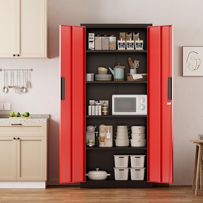 Greenvelly Metal Cabinet, 63”Tall Kitchen Pantry Storage Cabinets with 2 Lock Doors and 4 Adjustable Shelves,Black Red Kitchen Cabinet Storage for Dinning Room,Garage,Office