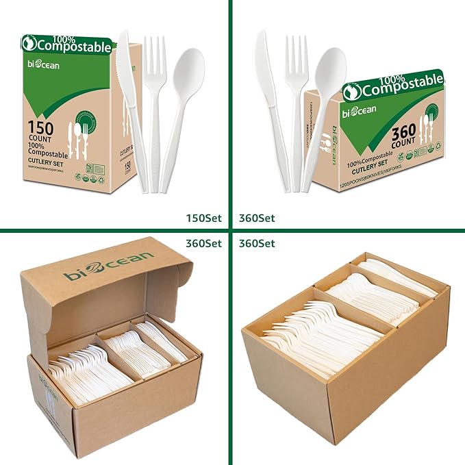 BIOCEAN 100% Compostable No Plastic Utensils - Heavy Duty Eco-Friendly Flatware for Lounge, Party, Wedding, BBQ, Picnic, Camping [Utensils Set, 360 Count]
