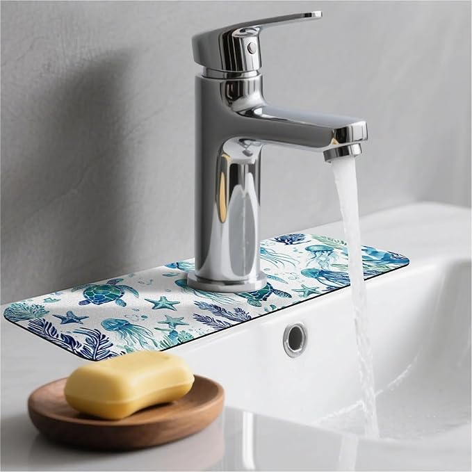 Kitchen Sink Splash Guard，Turtles and jellyfish Faucet Mat Sink Gadgets-Super Absorbent Fast Drying Mat Drip Catcher for Kitchen, Bathroom,Sink Mat, Dish Drying Mat, Bathroom(15" X 5.5" )