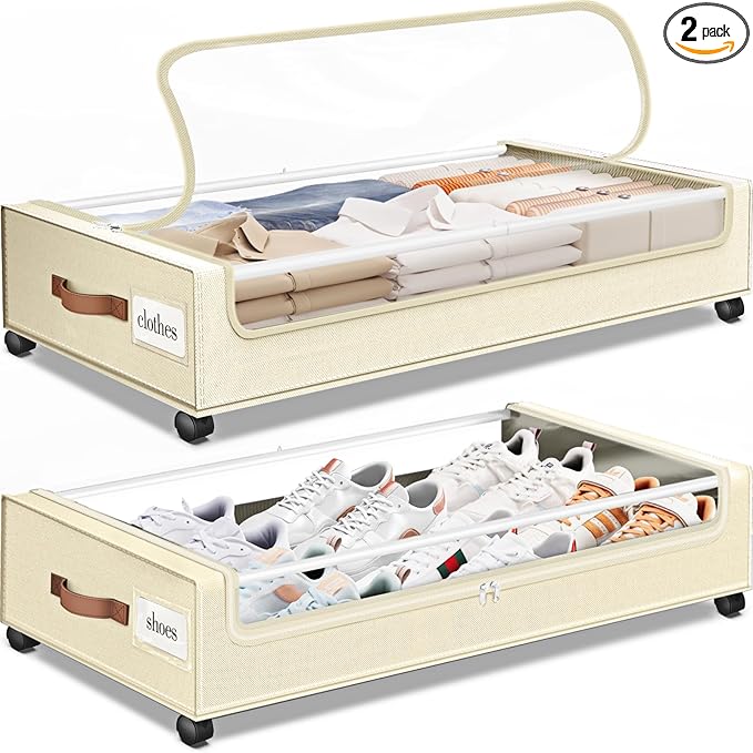 Under Bed Storage with Wheels 2Pack Underbed Storage with Clear Window&Label Under Bed Drawers Large Capacity Rolling Under Bed Storage for Clothes,Shoes, Blankets (Beige)