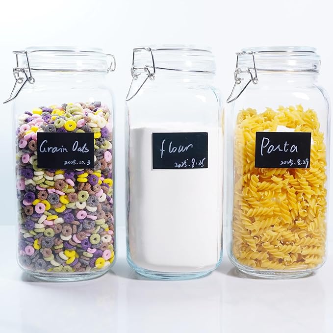 Large Glass Jars with Airtight Clamp Lid 78 OZ, 3 Pack Food Storage Jars Set – Thick Glass Canisters with Silicone Seal, Labels & Marker for Flour, Sugar, Coffee, Pasta, Pantry Organization