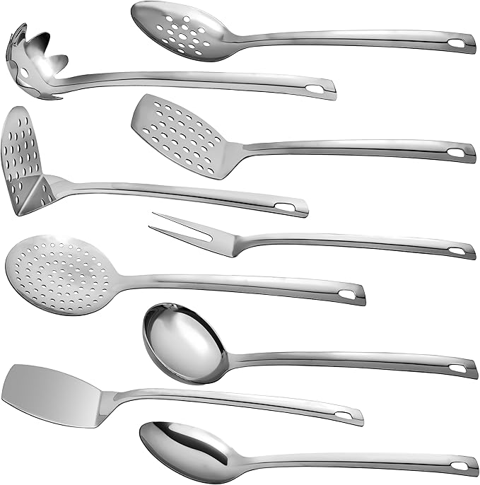 9 Pcs Premium Stainless Steel Kitchen Cooking Utensils Set Metal Cooking Utensils Tools Nonstick Heat Resistant -Ladle, Slotted Spoons, Slotted Turners, Masher, Fork, Skimmer, Spaghetti Server 13"