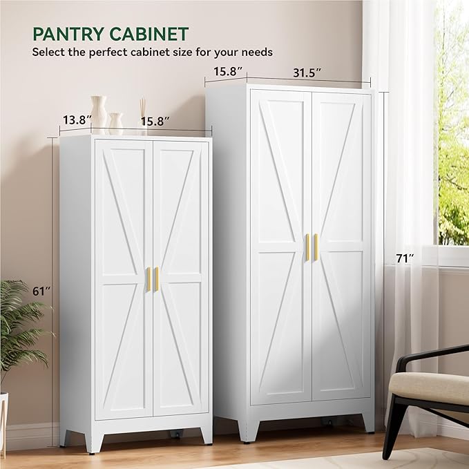 YNIQUESTLE Farmhouse Pantry Cabinet,71" H x 31.5" W,Metal Cabinet with Adjustable Shelves and Barn Doors,5-Tier Storage Cabinet for Kitchen Dining Room Garage,White
