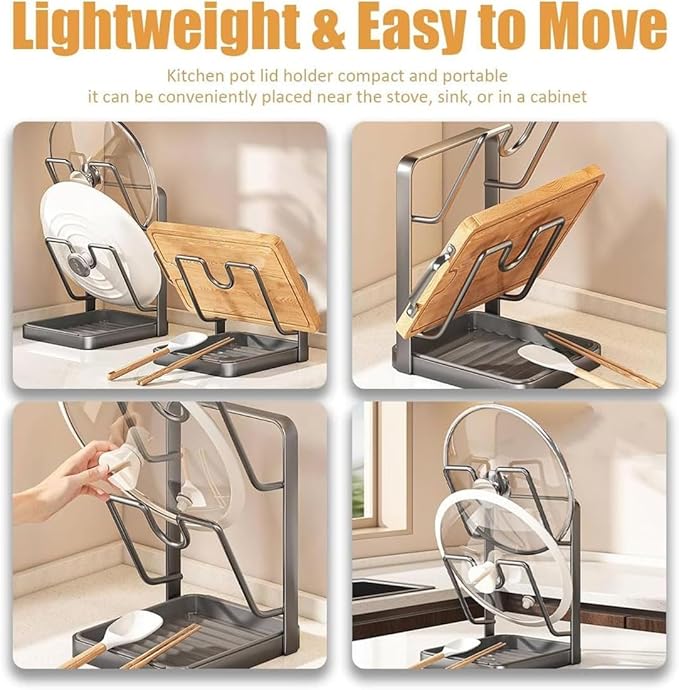 Pot Lid Holder with Spoon Rest, Kitchen Pot Lid Storage Rack with Removable Tray, Lid Holder While Cooking, Lid And Spoon Rest, Multifunctional Kitchen Organizer Stand for Countertop (Beige)